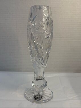 NWT VTG Bohemia Crystal "Belfor" Footed Bud Vase w/Pinwheel and Star Cut Pattern